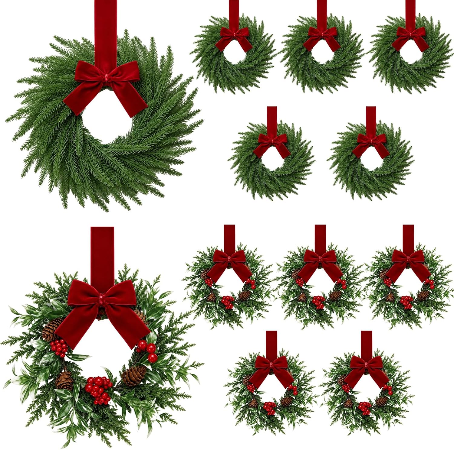 Yunlly 12 Pcs Mini Christmas Kitchen Cabinet Wreaths with Burgundy Ribbon