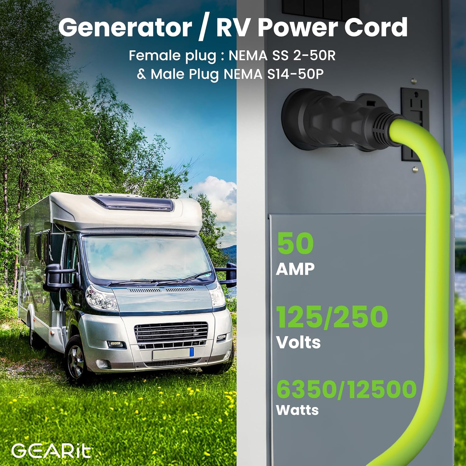GEARit 50-Amp Generator Extension Cord (15 Ft) Inline NEMA 14-50P to SS2-50R Twist Lock Connector STW 6/3+8/1 AWG 125/250V for 50A Power Inlet Box, RV Camper, Generator to House - 15 feet