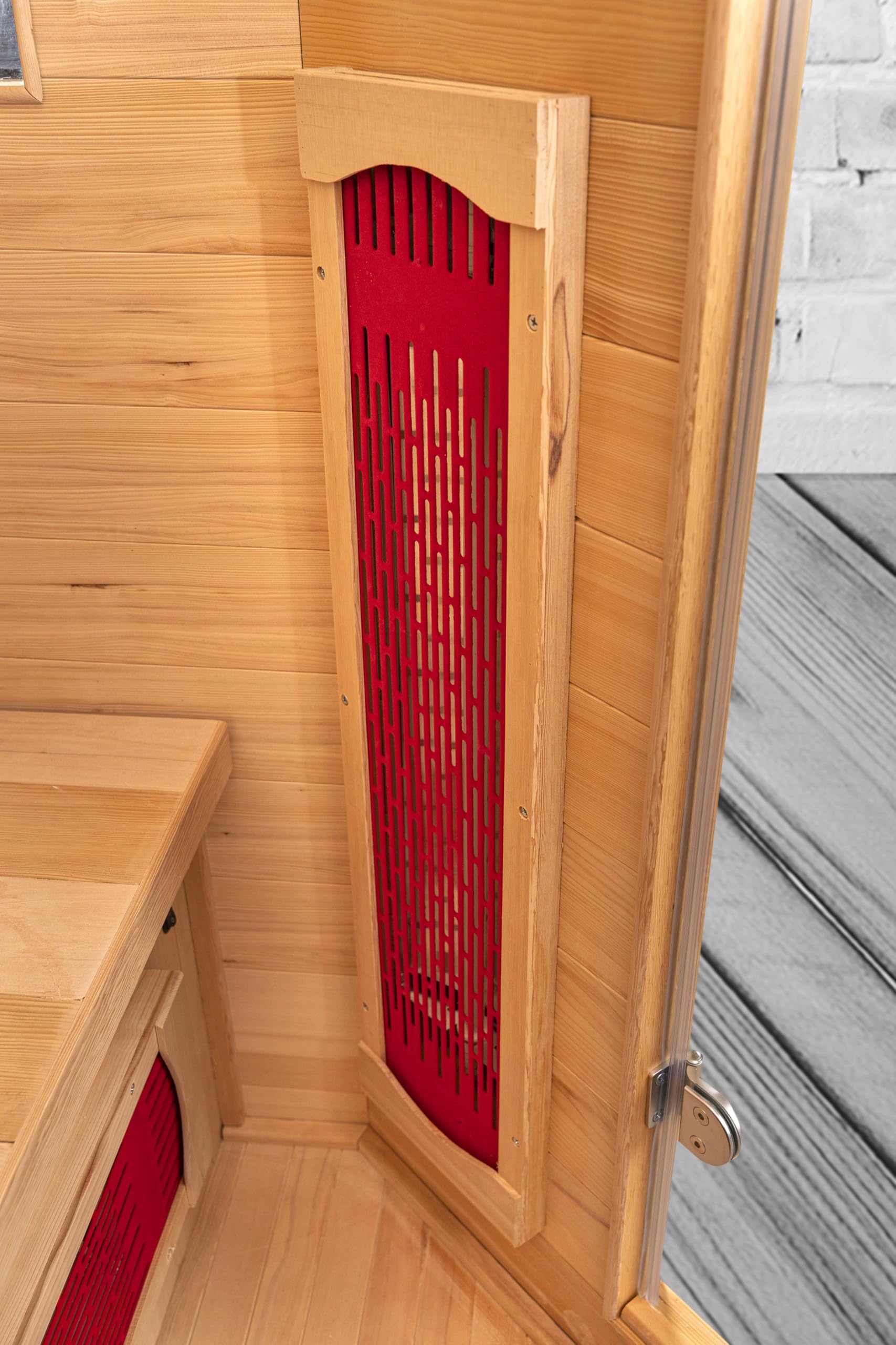 Cabina a infrarossi Trondheim Alpha per 4 persone, in legno Hemlock, 8 faretti in ceramica, cromoterapia, sistema audio Bluetooth, aromaterapia, disinfezione da ozono, controllo digitale, risparmio