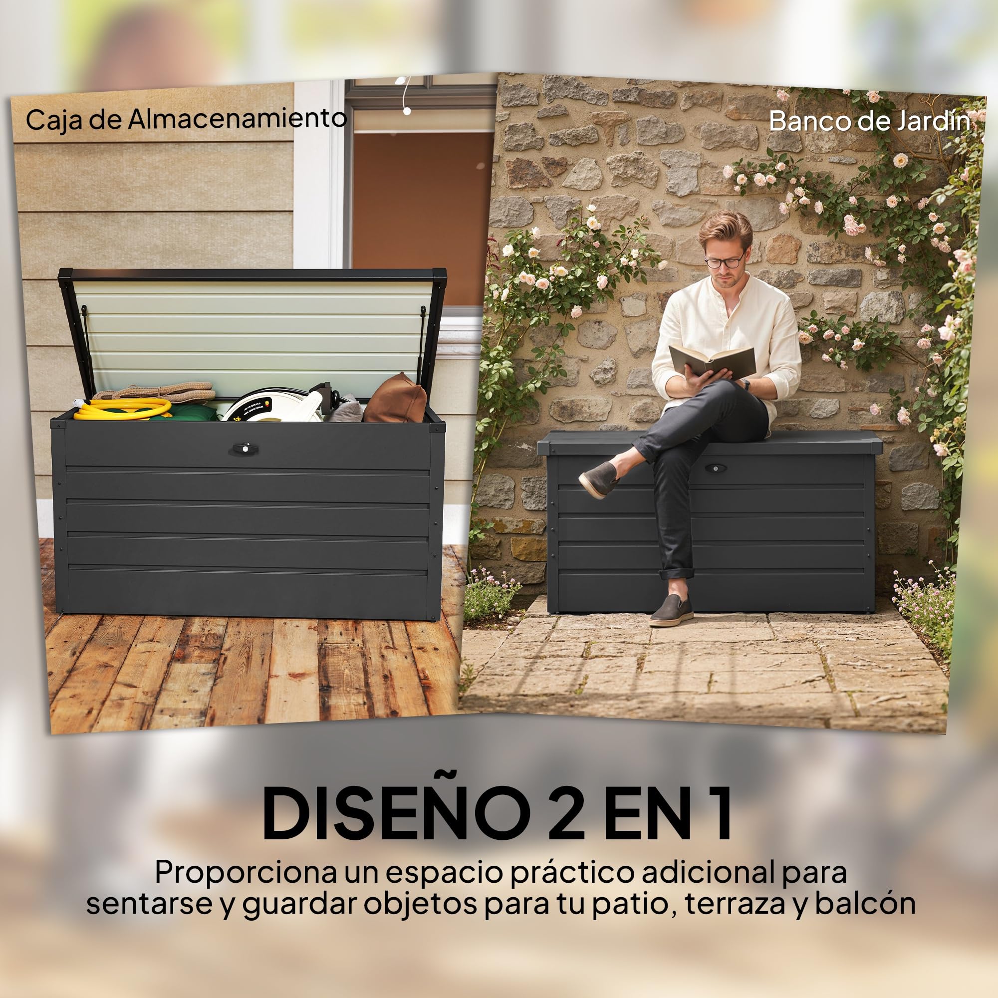 Outsunny Arcón Exterior Capacidad 311L Baúl de Almacenaje de Acero con Cerradura Llave Pistones Neumáticos para Jardín Terraza Patio 120x62x62 cm Gris Oscuro