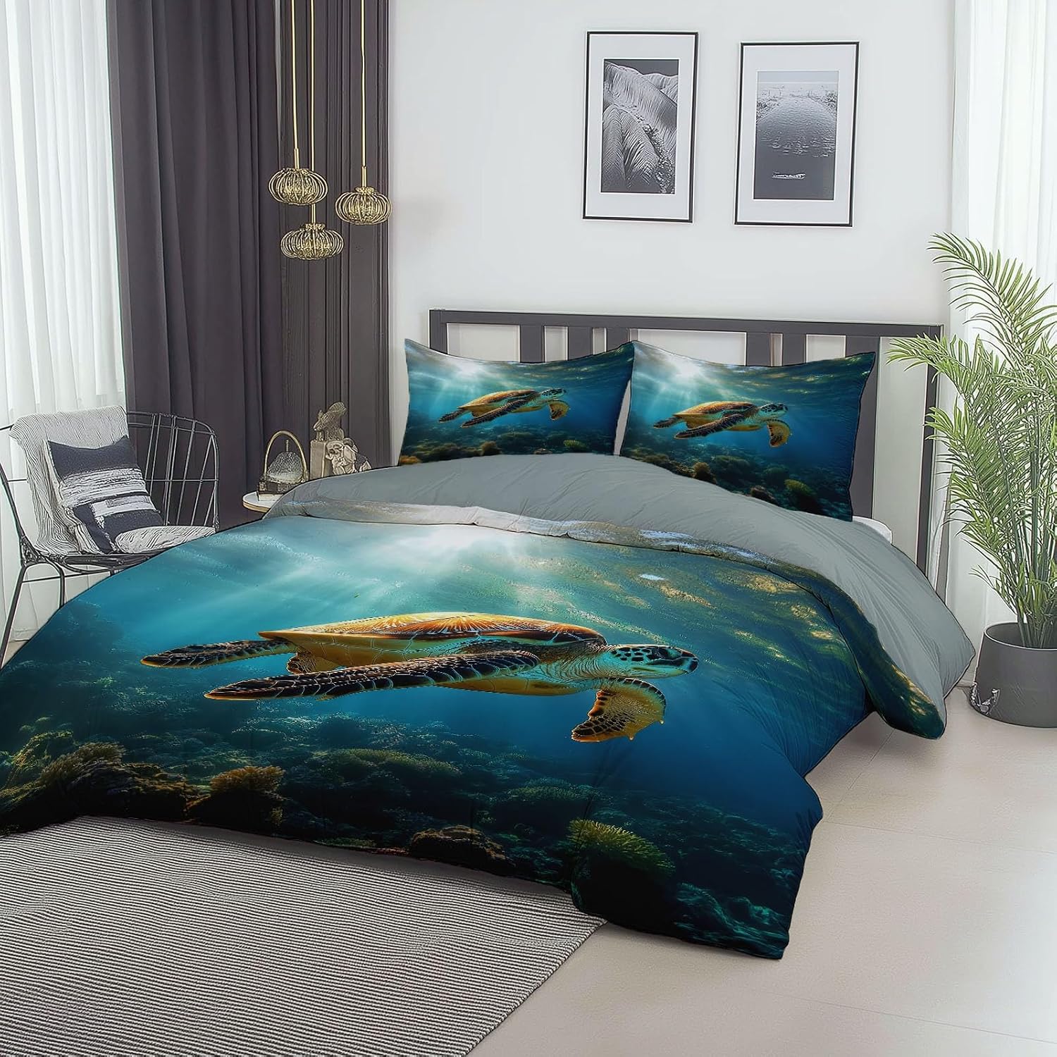 Duvet Cover 2 Pcs Set Animals Turtles Pattern Duvet Covers for Kids Boys Girls Twin Decorative Breathable Bed Cover Grey Reversible Bedding Set