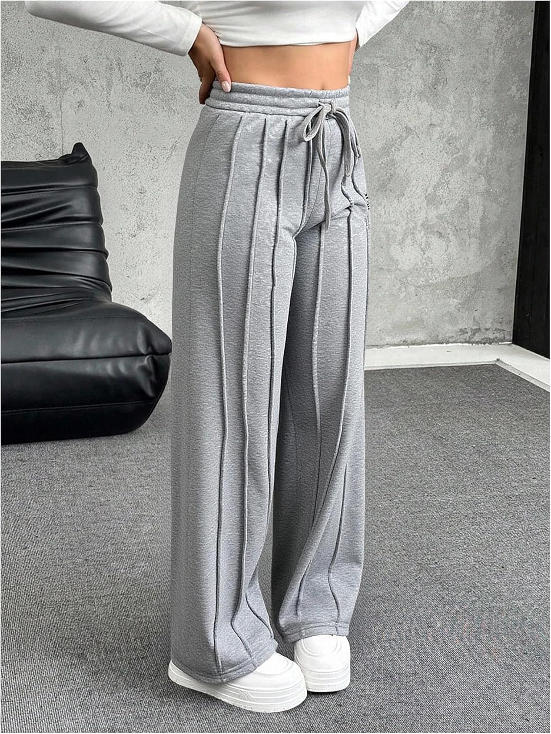 Women's Wide Leg Baggy Sweatpants Casual Drawstring Elastic Waist Patched Trousers Streetwear - Image 4