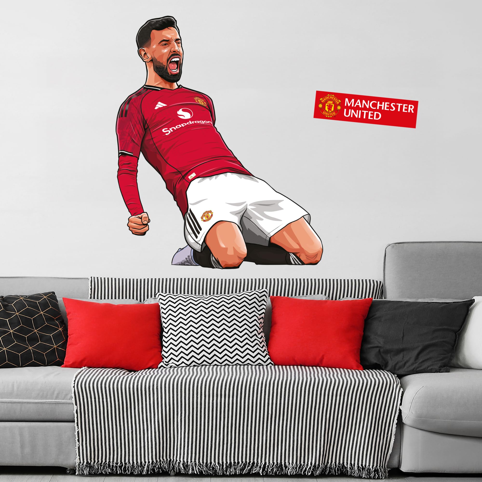 Themed Red Manchester United Fc Wall Sticker - Bruno Fernandes 25/26 Illustration Decal Football Wall Art (60Cm Height X 30Cm Width)