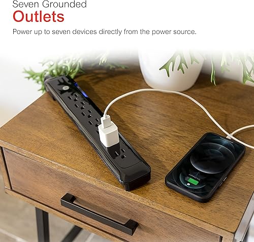 Miniatura 3 de GE 34460 Protector de sobretensiones de 7 tomas, cable de alimentación de 4 pies, 1080 julios, enchufe plano, filtro de potencia, disyuntor,