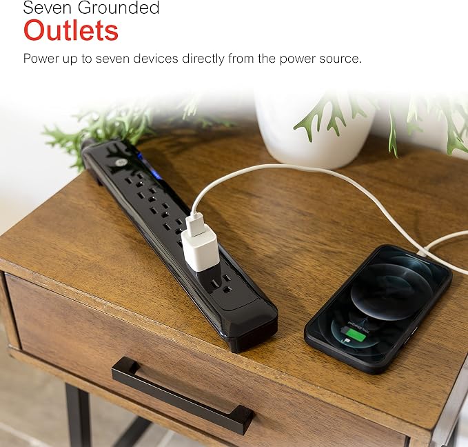 Protector eléctrico GE con 7 tomas, cable de extensión de 1.22 m, protección contra sobretensión de 1080 joules, enchufe plano, montaje en pared, interruptor encendido/apagado, certificado UL, color negro, modelo 34460 miniatura 3