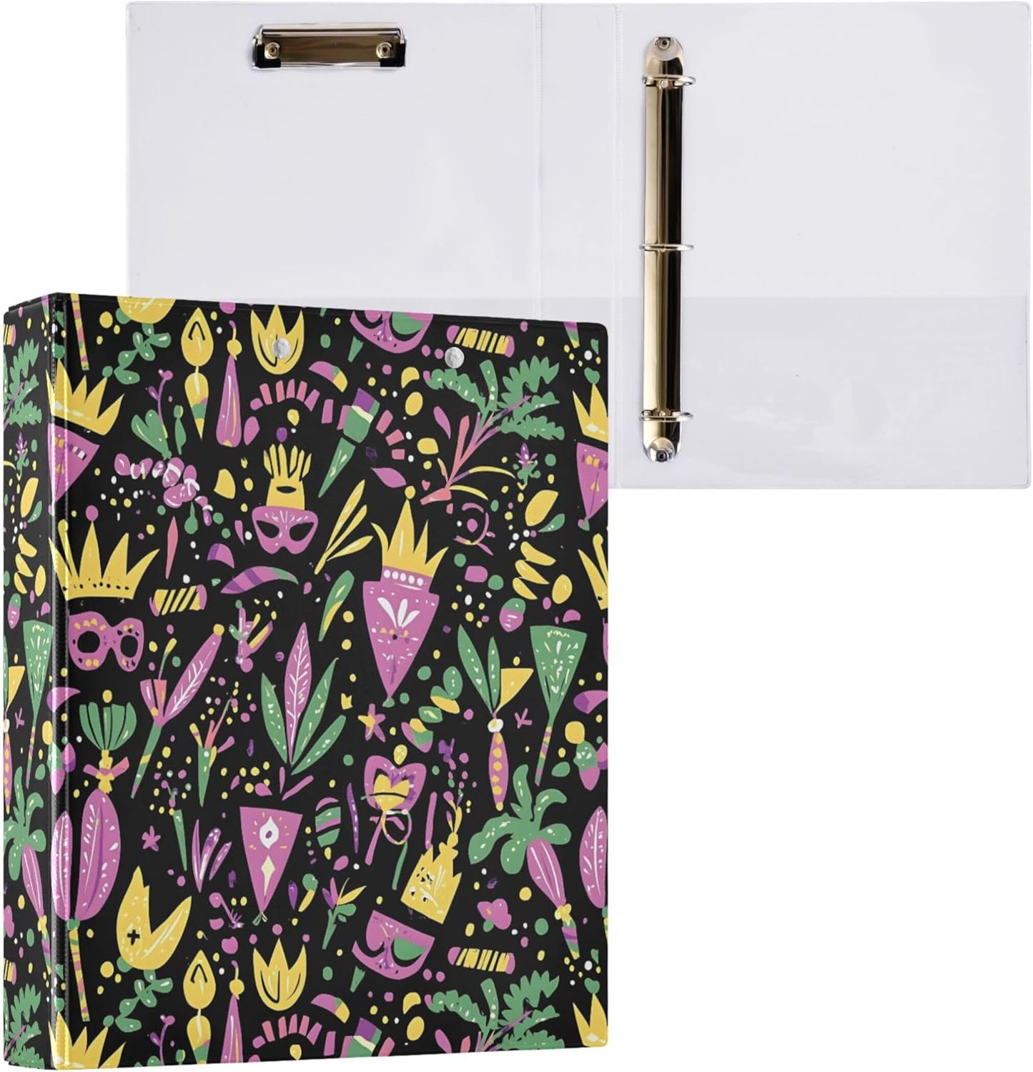 Mardi Gras Theme 3 Ring Binders, 1.5” Round Ring Binders with Clipboard - Letter Size, 3 Interior PVC Clear Pockets & Anti-Slip Clip for Office School Supplies, 2PCS