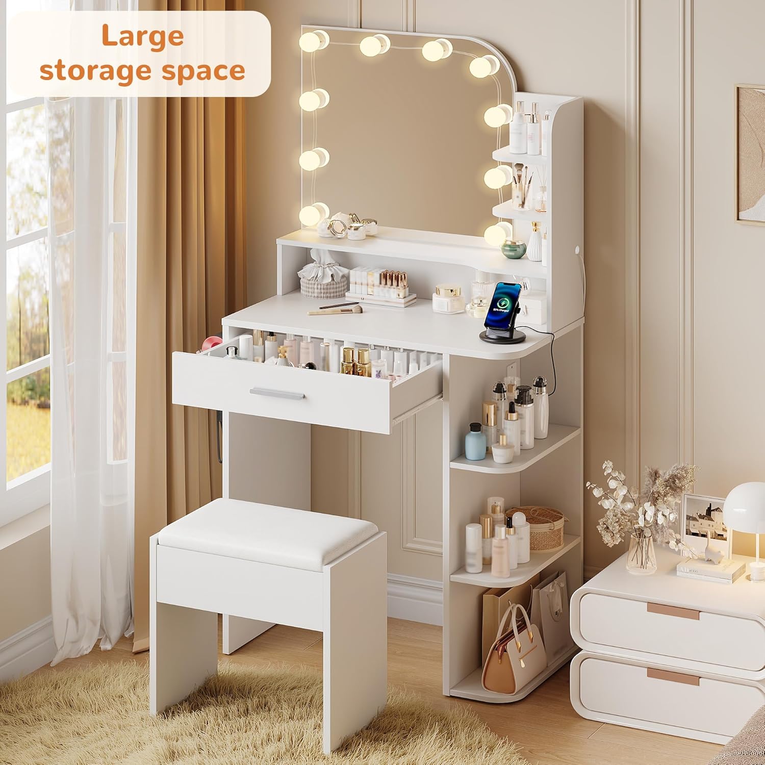 wanan Makeup Vanity with Chair, Small Vanity Desk with Mirror and Lights 3 Colors, Girls Vanity Set with Power Outlet, Compact Vanity Table for Small Space, White
