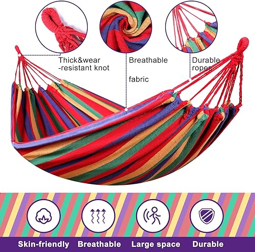 Miniatura 10 de 2 juegos de hamacas de lona de algodón, hamaca doble grande de 400 libras, hamacas portátiles para acampar para exteriores con bolsa de transporte,