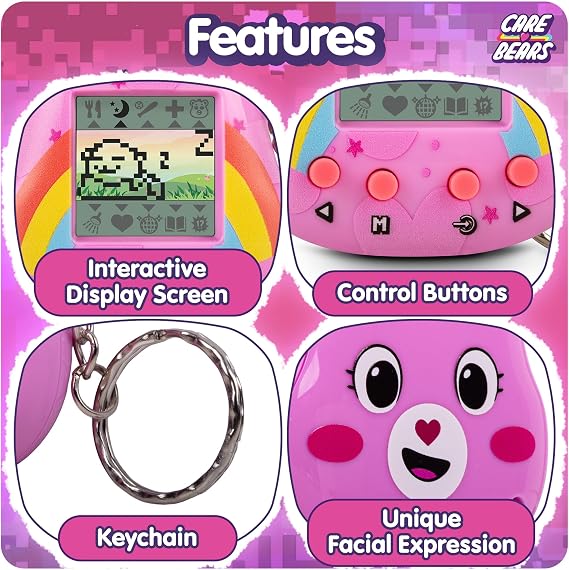 Care Bears Digital Pet - Cheer Bear Nano Pet with Care Features, 1.4 Inch Screen, Handheld Interactive Virtual Pets for Kids, Collectible Electronic Toy, Battery Included