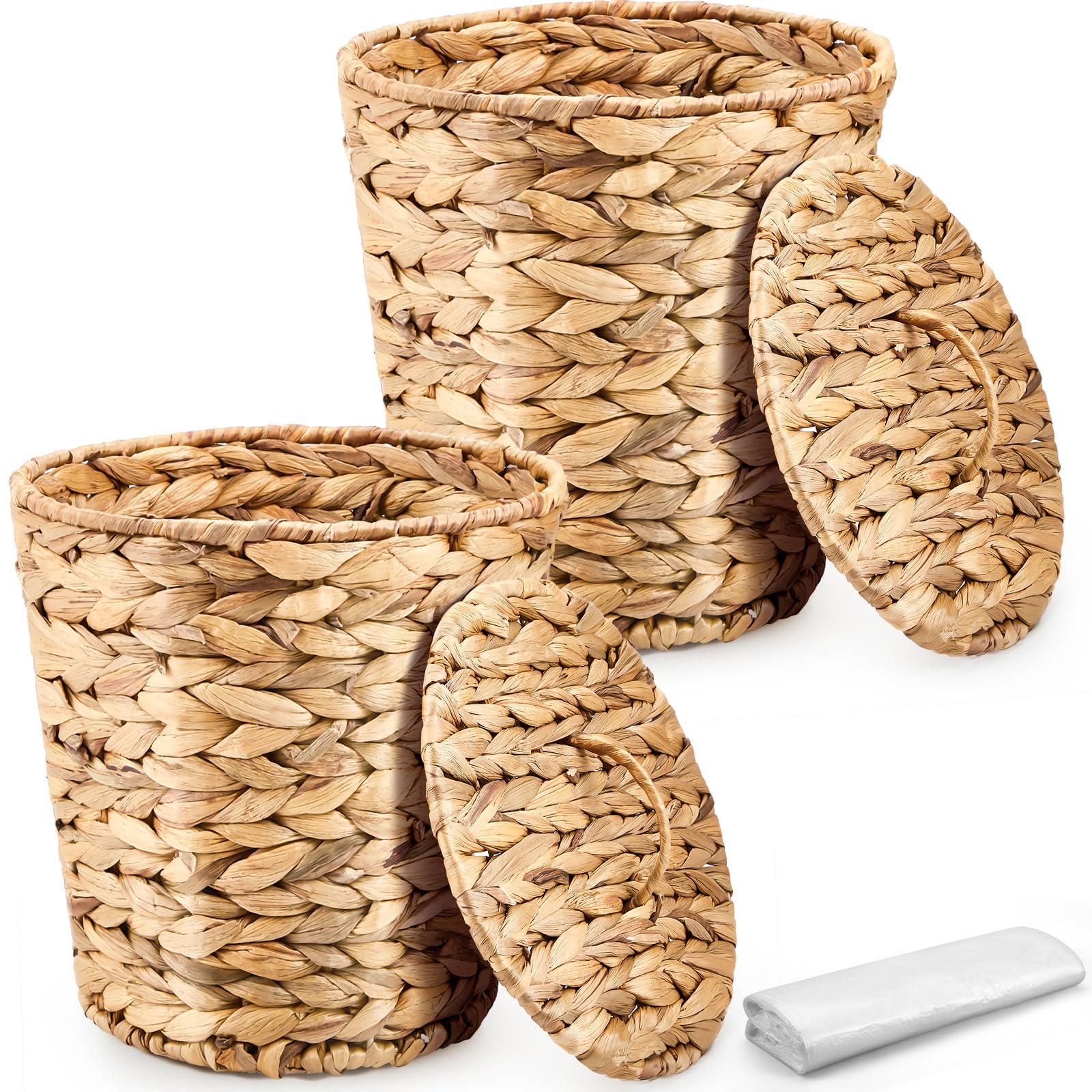 Ctosree 2 Pcs Wicker Trash Can Basket Woven Waste Basket with Lid