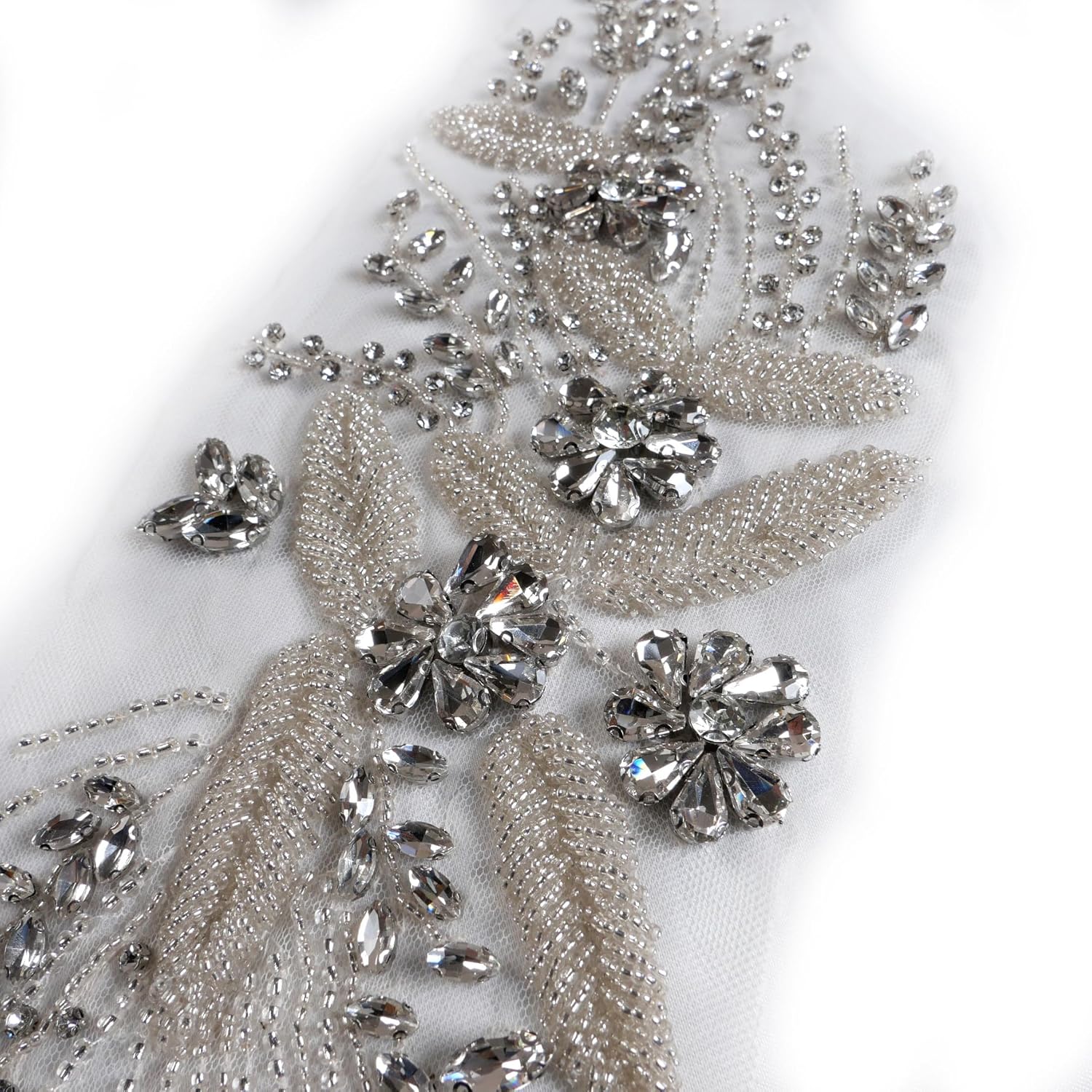 Silver Rhinestone Applique,Beaded Appliques Embellishments,sew on for Dresses,Banquet Evening Gown, Photograph Shot,scrafts Decoration,Performance Leaves Flowers Applique (Silver, 2401)