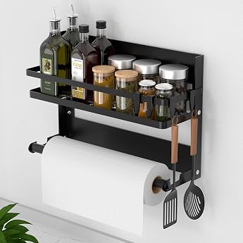 DUNSOO Spice Rack Wall with Kitchen Roll Holder and 4 Hooks Kitchen Shelf No Drilling Made of Stainless Steel Wall Shelf Hanging for Kitchen and Bathroom Organizer Black