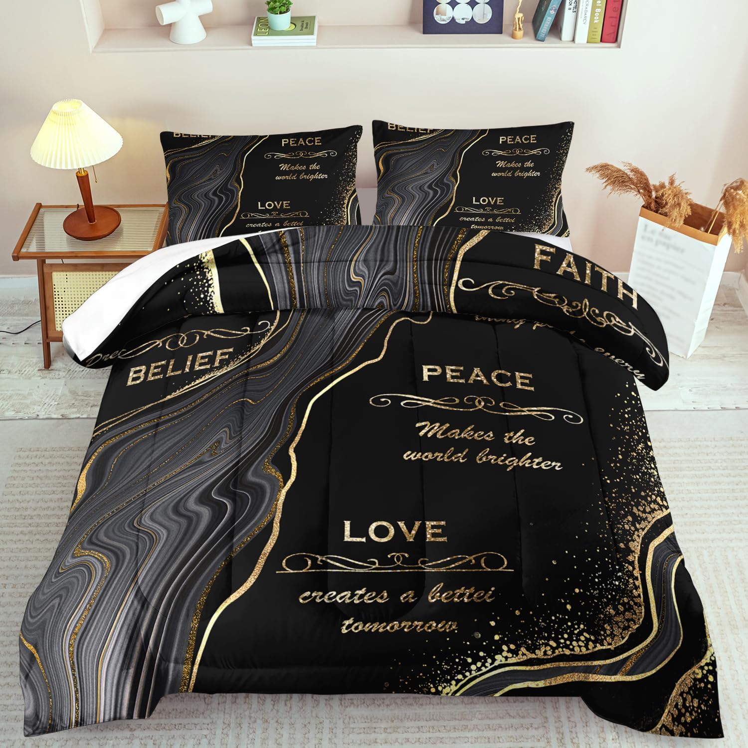 Black and Gold Comforter Set Queen,Marble Comforter for Boys,Black and Gold Bedding Set Queen,Marble Bedding for Girls,Goth Vintage Quilt Aldult,Goth Vintage Bedroom Decor