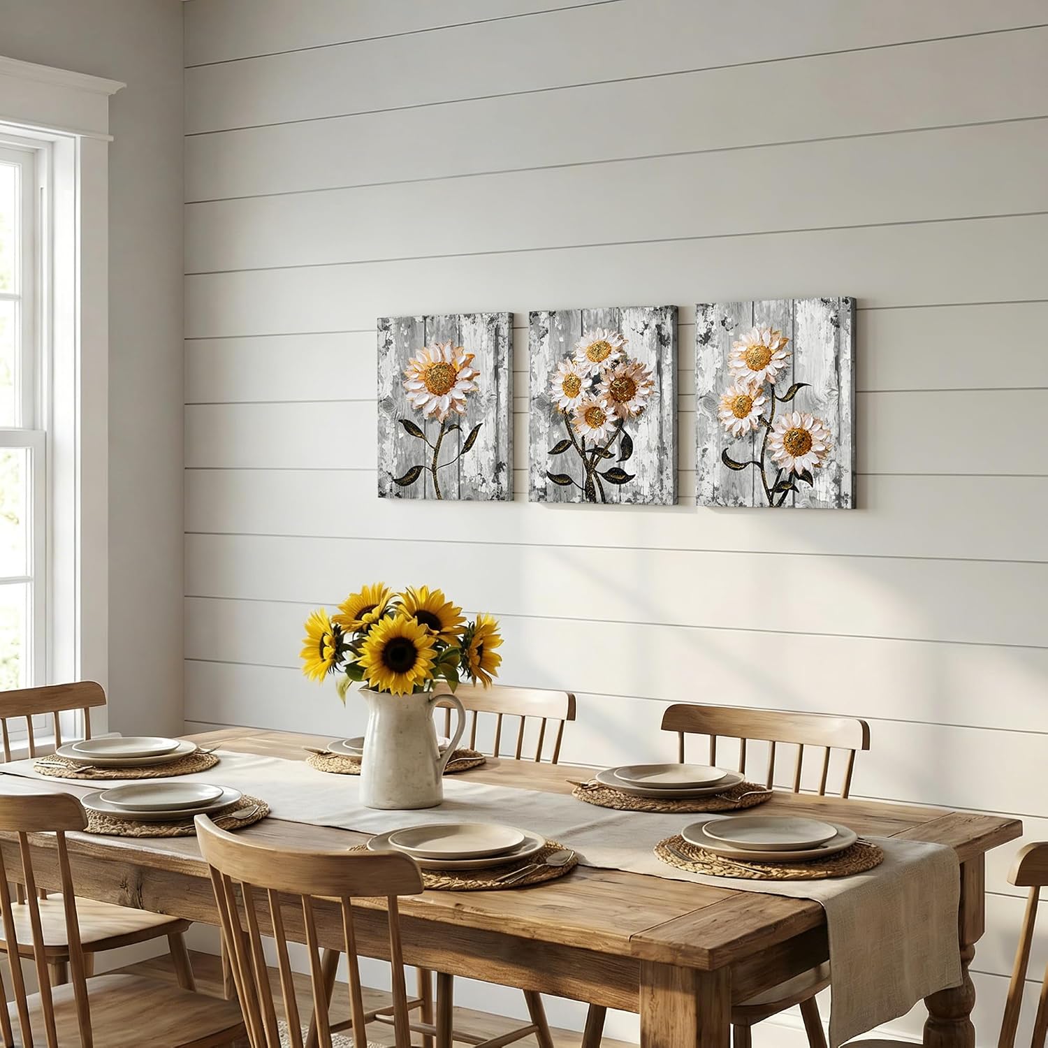 Artiluxy Set of 3 Sunflower Canvas Wall Art, 12x16 Inch Textured Farmhouse Floral Prints with Palette Knife Accents on Stretched Canvas