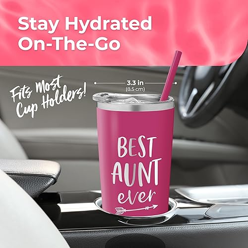 Miniatura 7 de Vaso personalizado de acero inoxidable con la frase "Best Aunt Ever", taza aislada con bonito diseño, tapa de cierre deslizante con pajilla, para