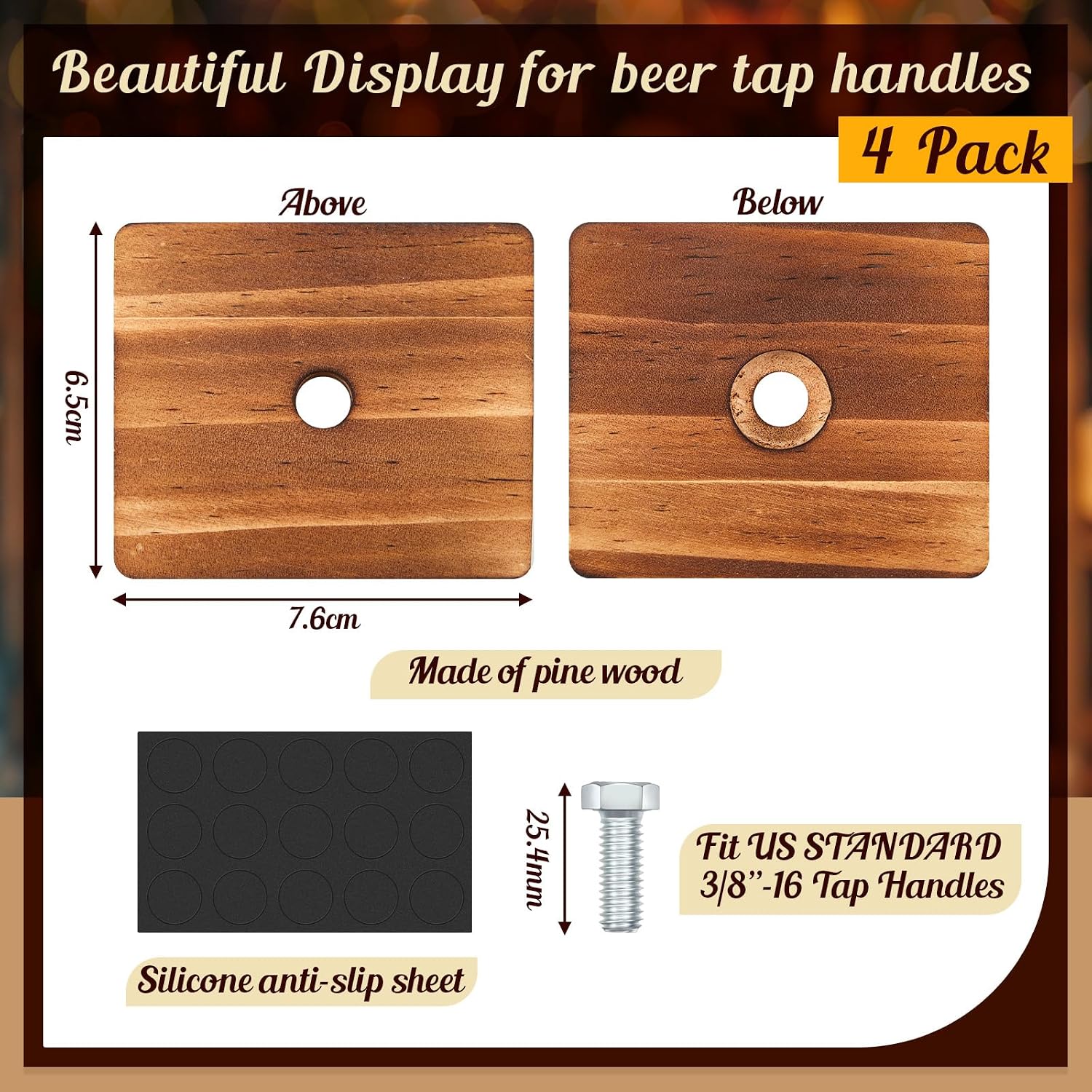 Colingmill 4 Pack Pine Beer Tap Handle Display, 3 x 2.6 x 0.8 Inches Wooden Display for Beer Tap Handles Beer Tap Holder Gift for Beer Lovers Beer Collection Bars Display