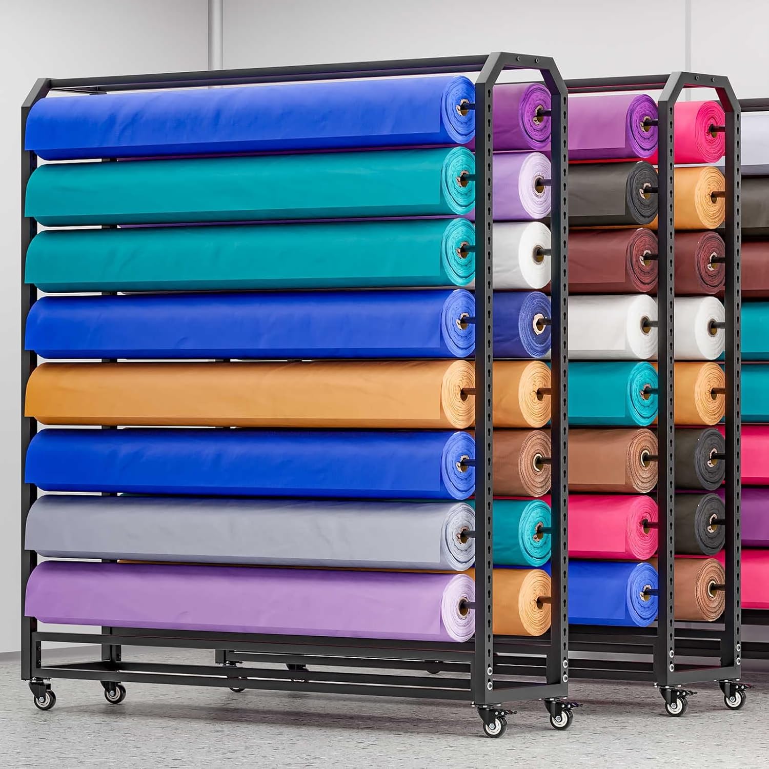 Heavy Duty Fabric Roll Storage Rack with Adjustable Hanging Rods, Steel Organizer Holder on Wheels for Vinyl, Leather, Window Film, and Wallpaper Displays - 210cm, 18 Rods