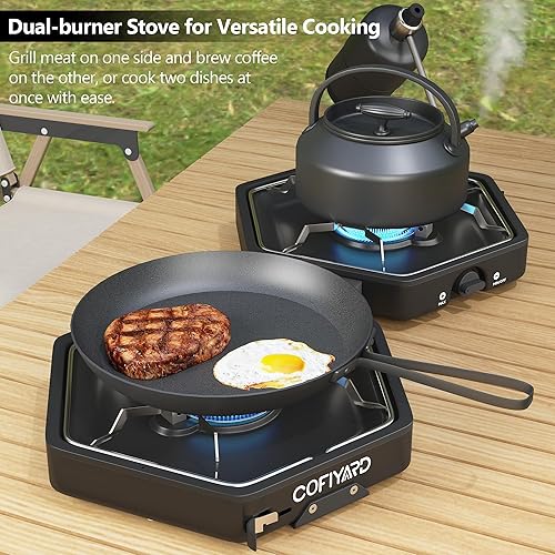 Miniatura 2 de Estufa de propano de 2 quemadores para acampar con bolsa de transporte, estufa de gas plegable portátil para camping, estufa de campamento de