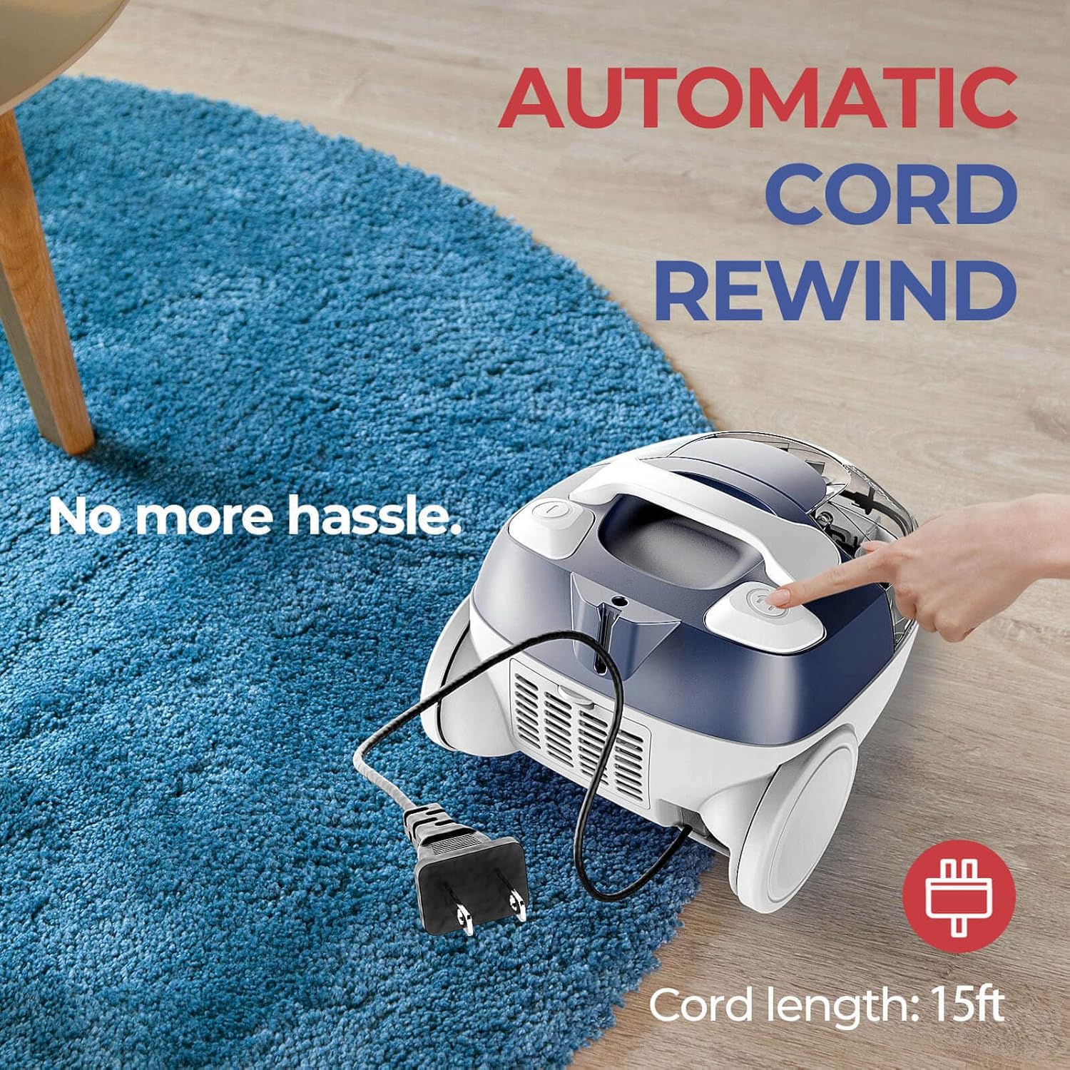 PINETAN Bagless Canister Vacuum Cleaner, with Double HEPA Filtration, Lightweight Design & Powerful Suction, Multi-Surface Cleaning Nozzle and Automatic Cord Rewind - Ocean Blue, UC361 -