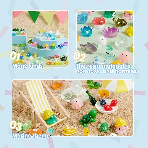 Vista 3 de JOYIN 50 Pcs Mini Ocean Resin Animals Figures, Mini Sea Animals Figurines for Aquarium Ornaments Decorations, Cute Garden Accessories, Slime Charms