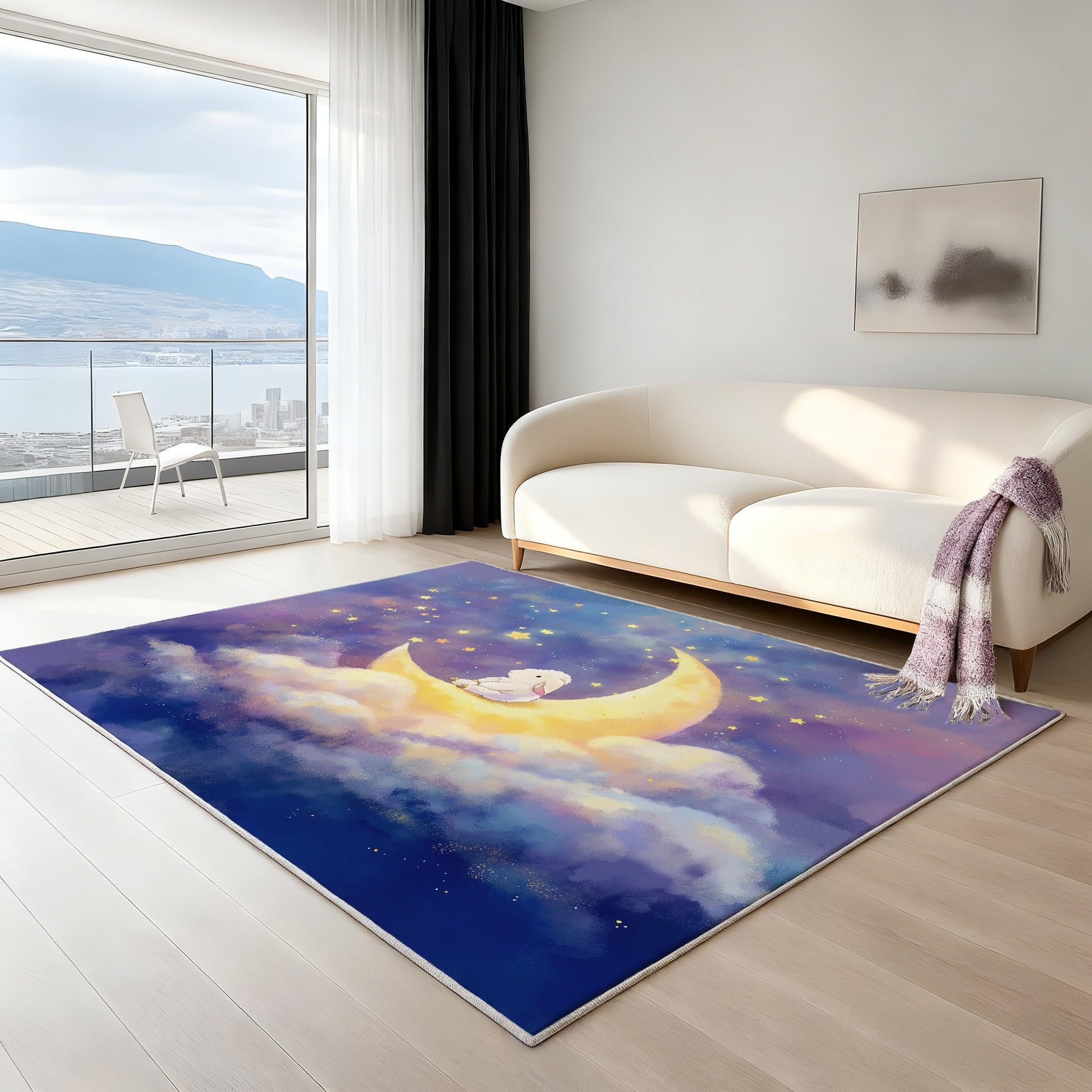 Générique Tapis de Onirique Animal Ciel Étoilé Dessin Animé Garçons Filles Adolescents Tapis de Lune Agneau Antidérapant Flanelle Tapiss pour Salon Chambre à Coucher Chambre d'enfant 90 x 150 cm