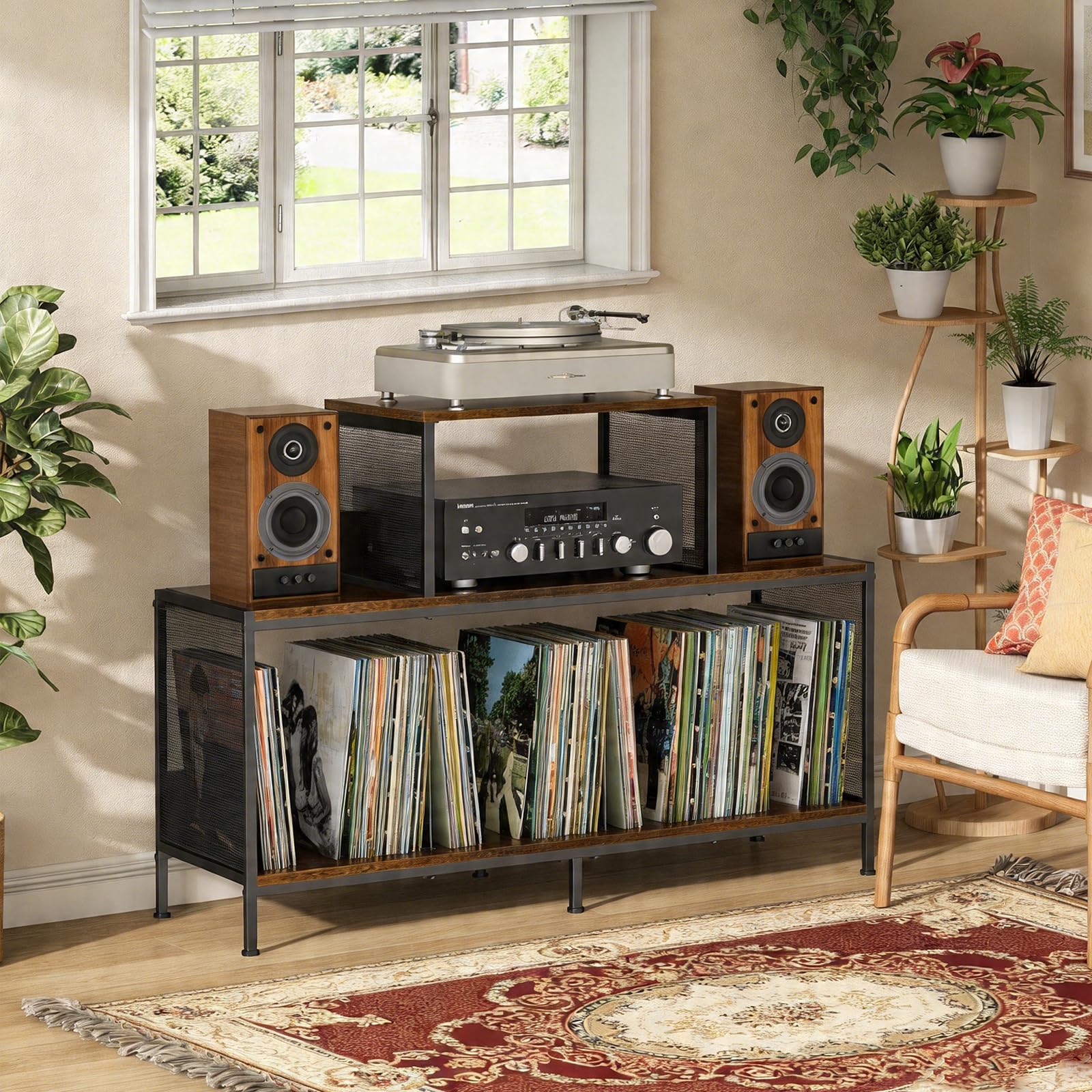 Sonyabecca Spazioso tavolino vintage per giradischi, contiene 150-250 album in vinile, divisori regolabili, aree di visualizzazione laterali, ideale per soggiorno, camera da letto, ufficio