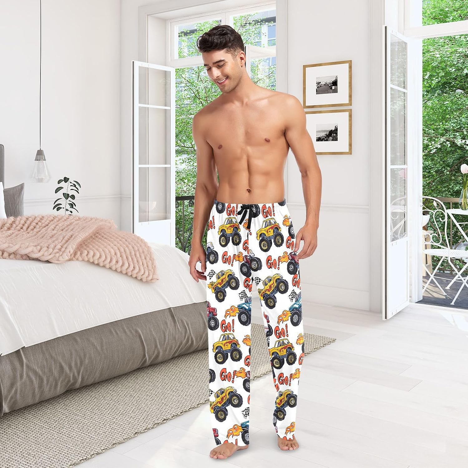 ALAZA Monster Trucks Men's Pajama Pants Men Cotton Pajama Bottoms with Pockets, S