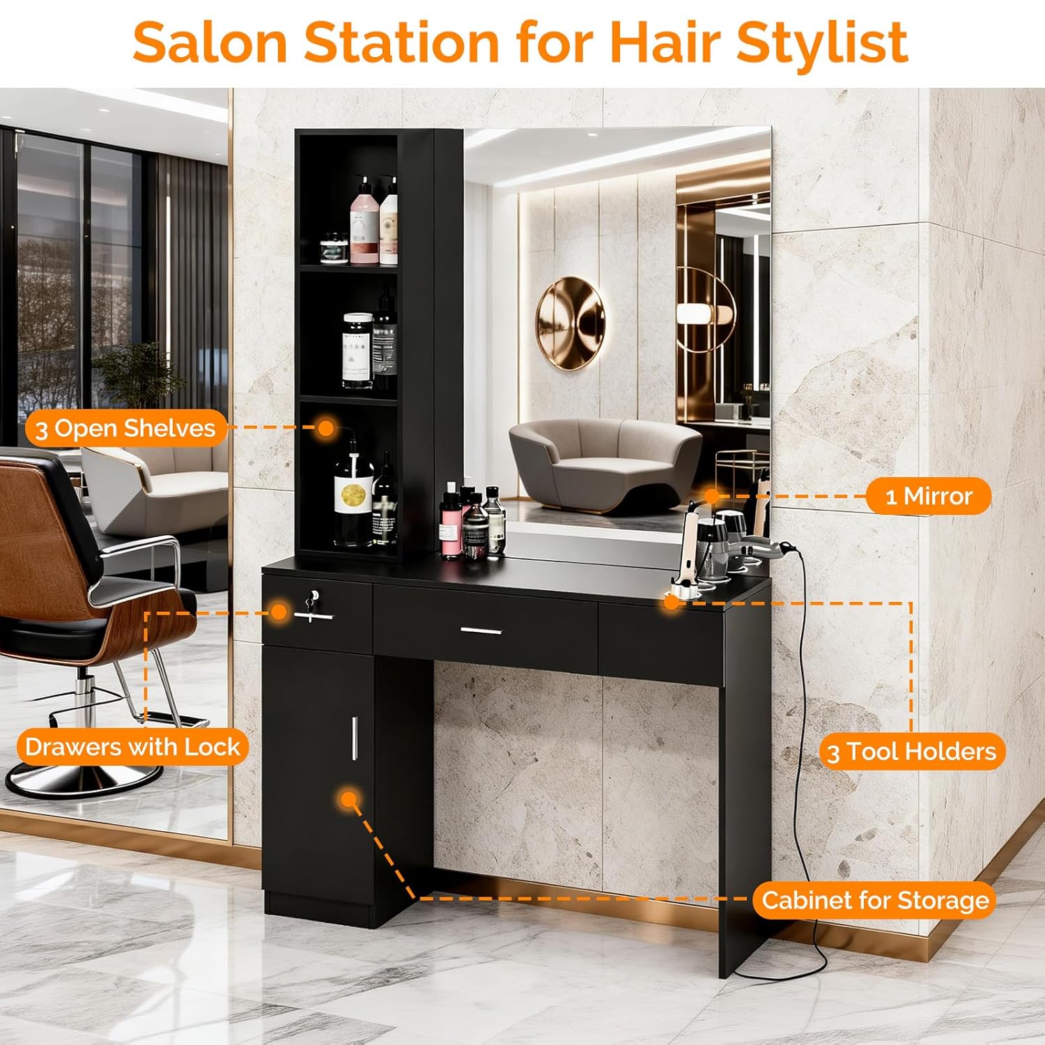 OmySalon Salon Station with Mirror, Locking Barber Station for Hair Stylist, Wall Mount Cabinet with Hair Dryer Holders & Open Shelves, for Barbershop Beauty Spa, Black