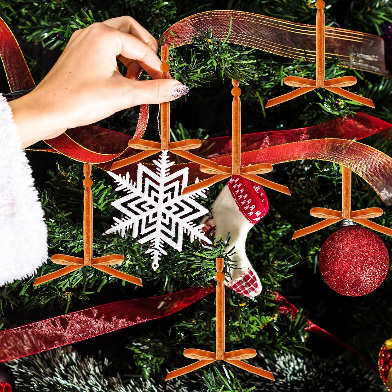 48 Pcs Christmas Anchor Adjustable Ornament Hooks and Brown Velvet Mini Bows Set Non Slip Hangers Hooks Tree Ornaments for Christmas Tree Decorations