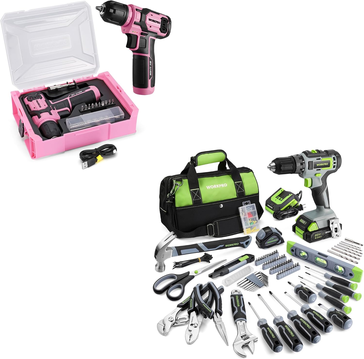 Set de Herramientas WORKPRO con Taladro 20V y 8V - 157 Piezas