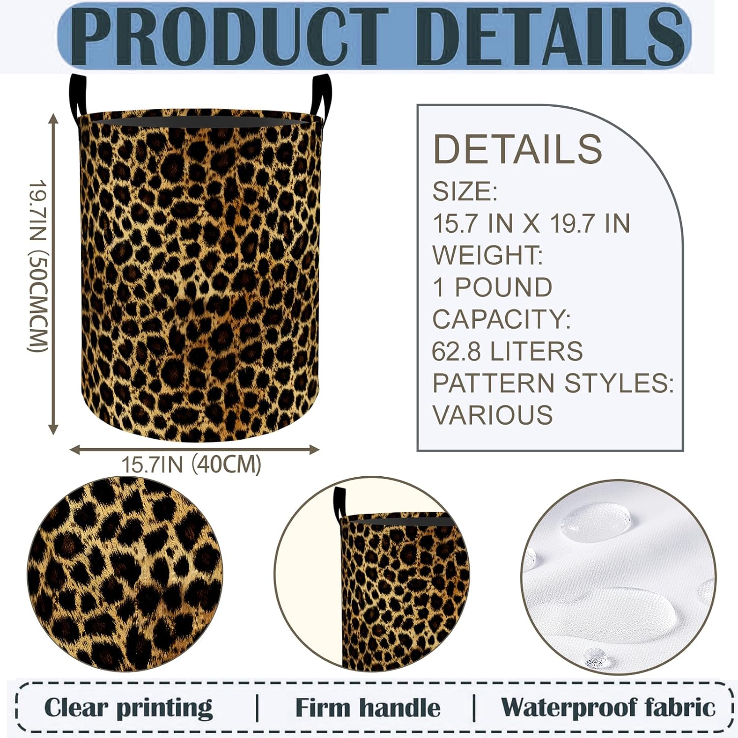 Leopard Print Laundry Basket Hamper 19.7"x15.8", Animal Foldable Waterproof Oxford Clothes Storage Bucket for Room Bathroom Bedroom Nursery Decor, Toy Organizer Bins Gifts for Kids Boys Girls