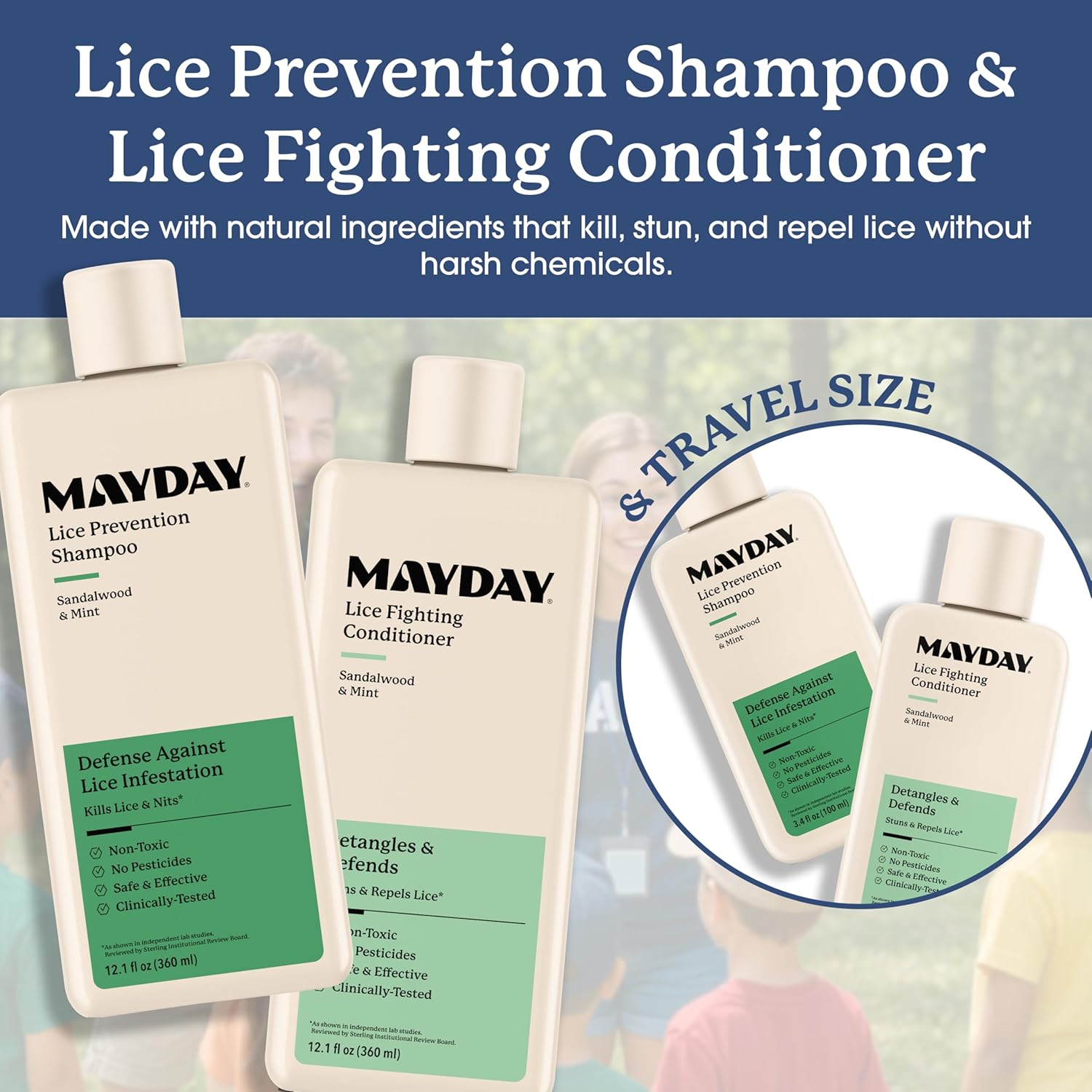 MAYDAY Spring Break Bundle includes 3.4oz & 12oz Lice Treatment & Prevention Shampoo & Conditioner, 6oz Sunscreen, & 3.4oz Insect Repellent - Complete Protection for Lice, Insects, and Sun Exposure