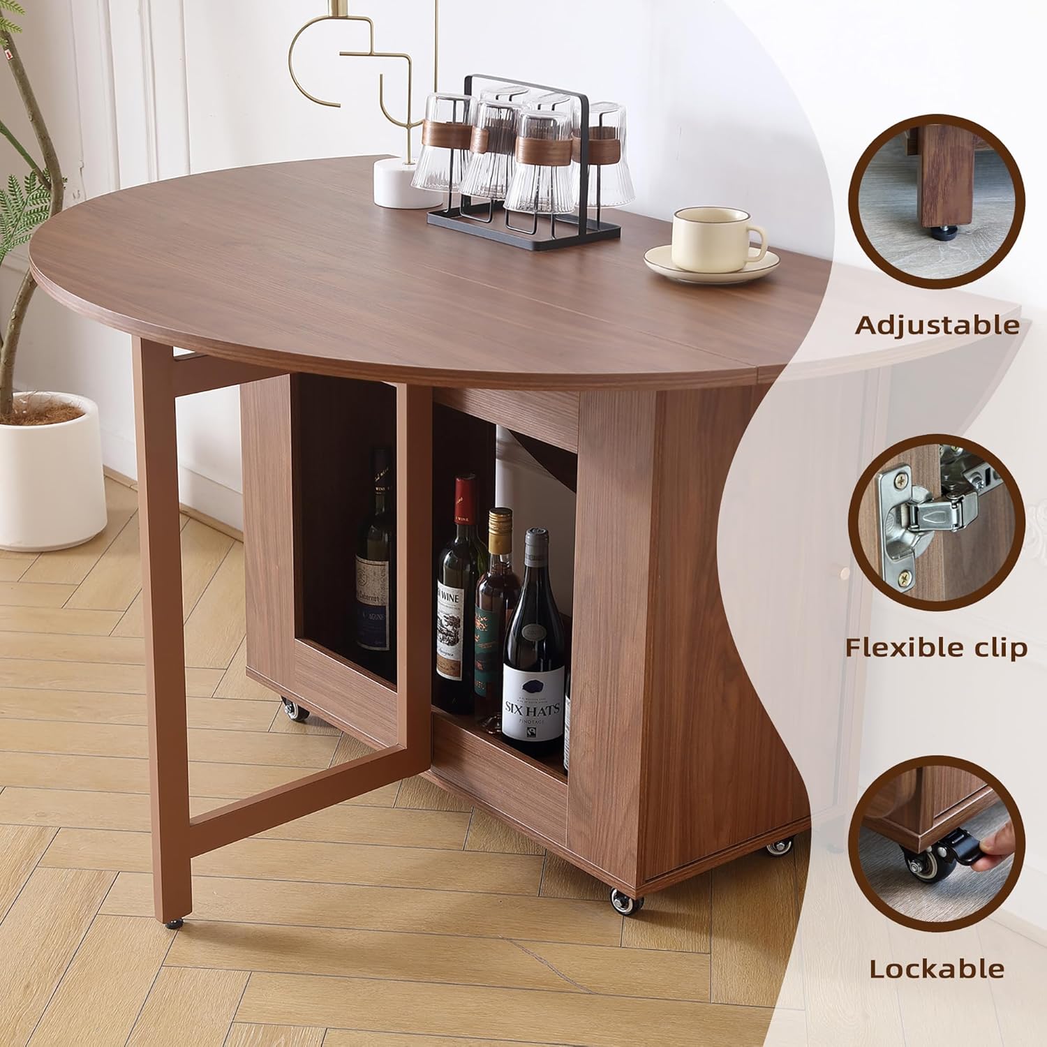 47.3" Round Folding Dining Table for 4-8, Wood Kitchen Foldable Table Large Drop Leaf Dinner Table with Storage Shelf Metal Legs for Home Dining Room Living Room in Walnut