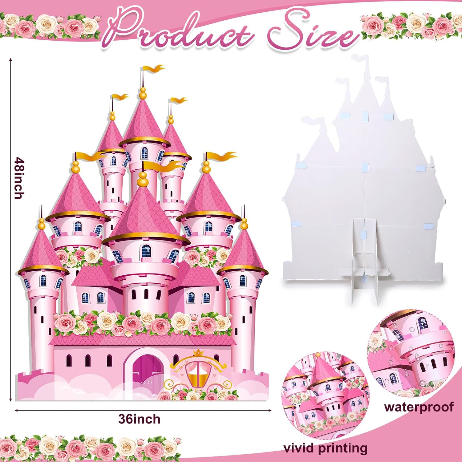 Yinkin Pink Princess Cardboard Castle Cutout Stand up 4ft Tall Princess Castle Party Decoration Waterproof Royal Fairytale Floral Photo Booth Prop for Pink Bridal Shower Birthday Party Decor