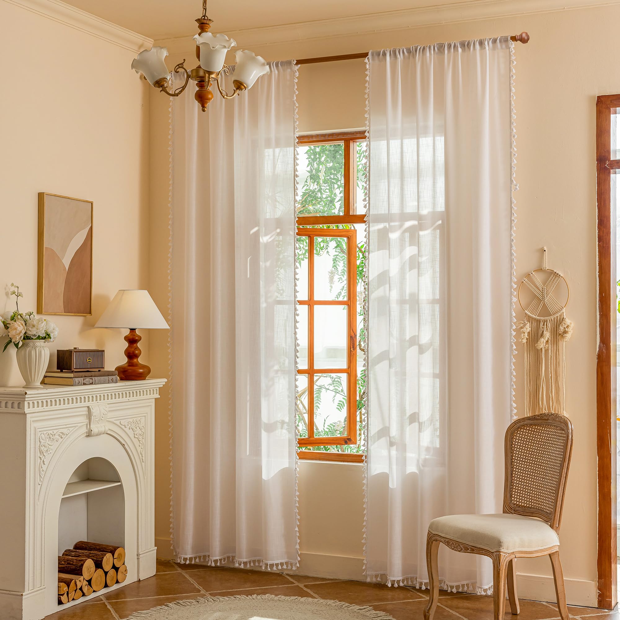 Photo 1 of MYSKY HOME 84 inches Length White Curtains with Macrame for Living Room, Semi Sheer Farmhouse Style Light Filtering Back Tab Curtains for Sliding Glass Door, 50" Wide, Pure White?2 Panels