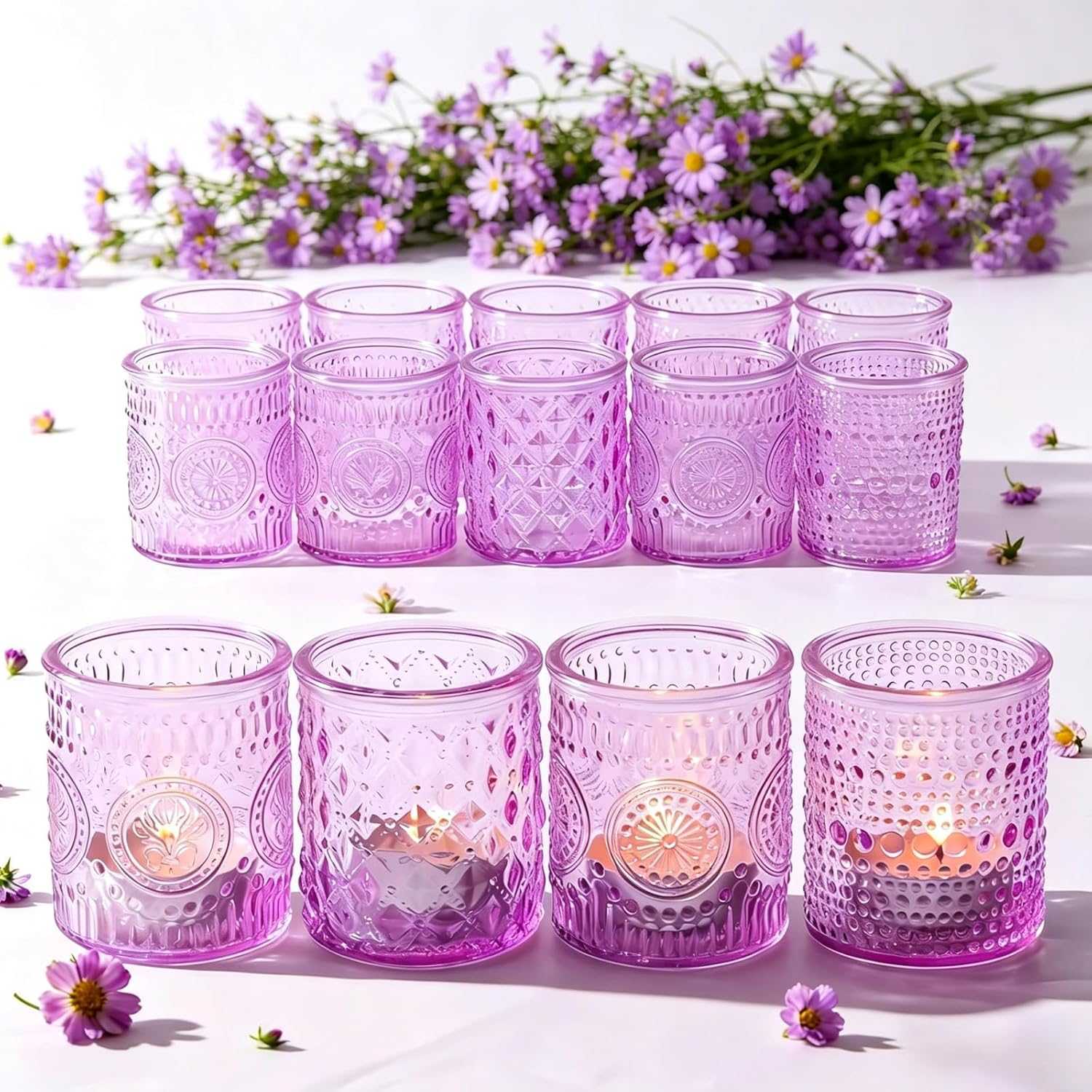 LETINE Set of 16 Pink Votive Candle Holders, Glass Tea Light Candle Holder with 4 Retro & Floral Patterns, Decorative Candle Holders for Parties, Spring Summer Wedding Table Centerpieces & Home Decor