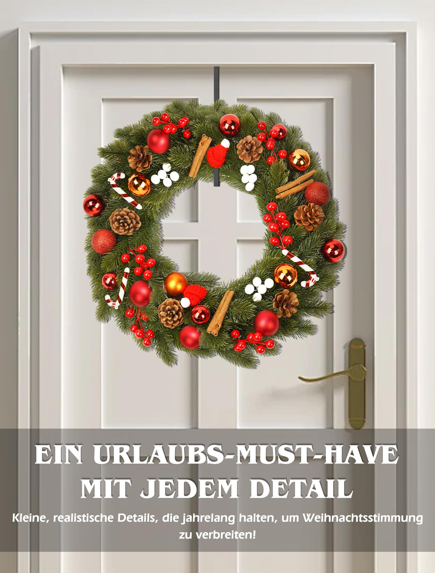 Türkranz Weihnachten 40cm, Adventskranz Künstlich, Weihnachtskranz Haustür mit Haken aus Metall, Weihnachtstürkranz mit Weihnachtskugeln Weihnachtsdeko, Hängekranz aus PVC für Innen und Außen