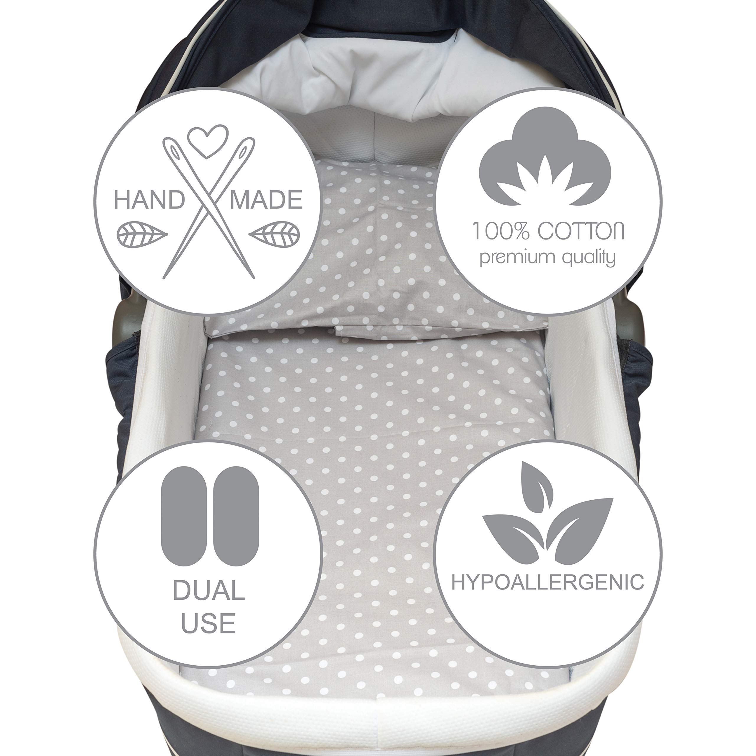 CangooCare© Set Lenzuola 4 Pezzi Compatibile Next2Me, Culle Cosleeping, Carrozzina, 100% Cotone, 2 Lenzuola Con Angoli, 1 Lenzuolo Sopra, 1 Federa (Pois Grigi)