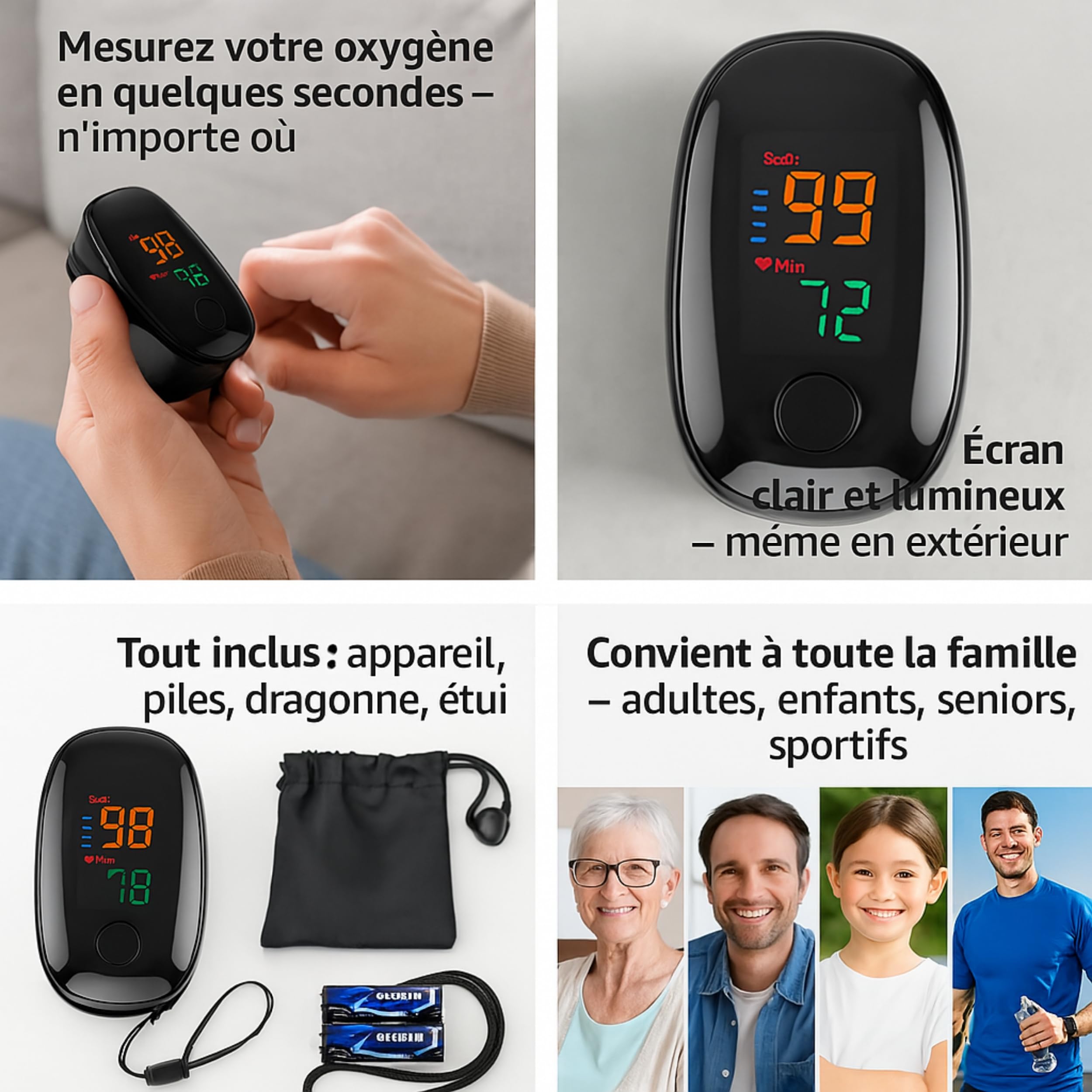 Oxymètre de Doigt Professionnel, Saturomètre SPO2 avec Écran LED, Mesure rapide de Saturation Oxygène et Fréquence Cardiaque, etui de protection + Piles Incluses, Idéal pour sportifs (noir)