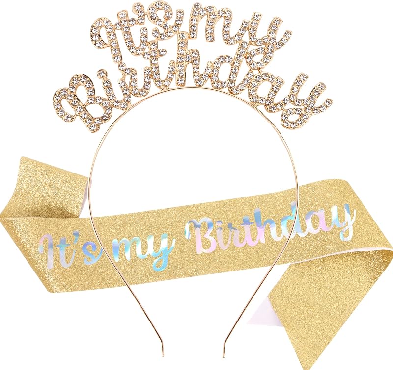 It's My Birthday Sash Headbands for Women Happy Birthday Tiara & Crowns for Girls Rhinestone Accessories Favor Supllies Gold White, 2 Pack