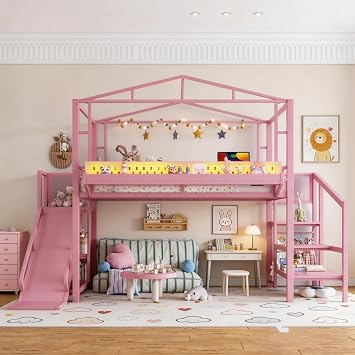 Full Size House Loft Bed with Slide and Stairs, Heavy Duty Playhouse Loft Bed Frame with Wardrobe and Shelves for Kids, Teens, Adult, Noise-Free Design, Pink