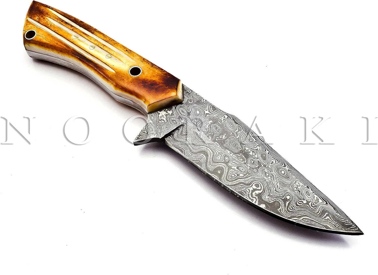 HK-326 Custom Handmade Damascus Steel Knife - Full Tang Fire Camel bone Handle, with Leather Sheath, Ideal Knife for Camping or everyday use