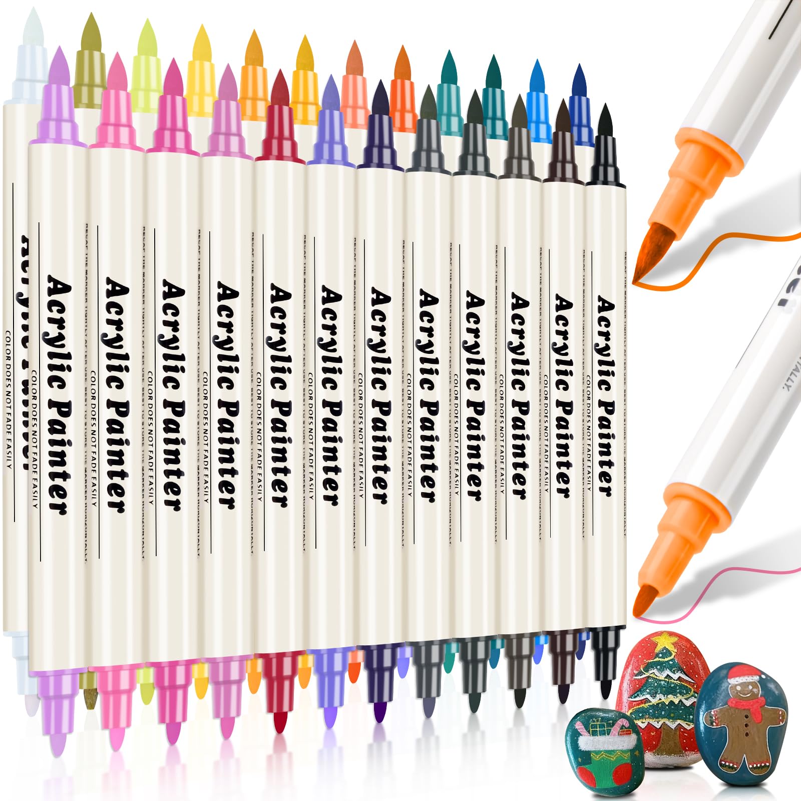 24 Colors Dual Tip Acrylic Paint Pens Markers, Brush & Fine Tip Coloring Drawing Markers for Christmas Decorations, Waterproof Making Art Supplies for Wood, Fabric, Stone, Glass, Rock Painting