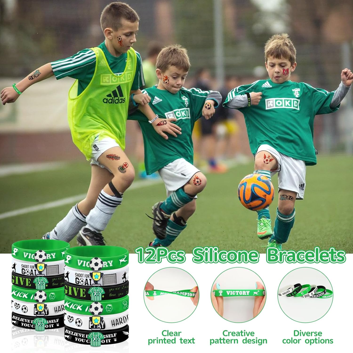 122Pcs Soccer Party Favors: Soccer Goodie Bags for boys Includes 12Pcs 13 x 11 Inch Soccer Drawstring Bags Slap Silicone Bracelet Keychain Tattoo Stickers for Soccer Party Decorations Supplies