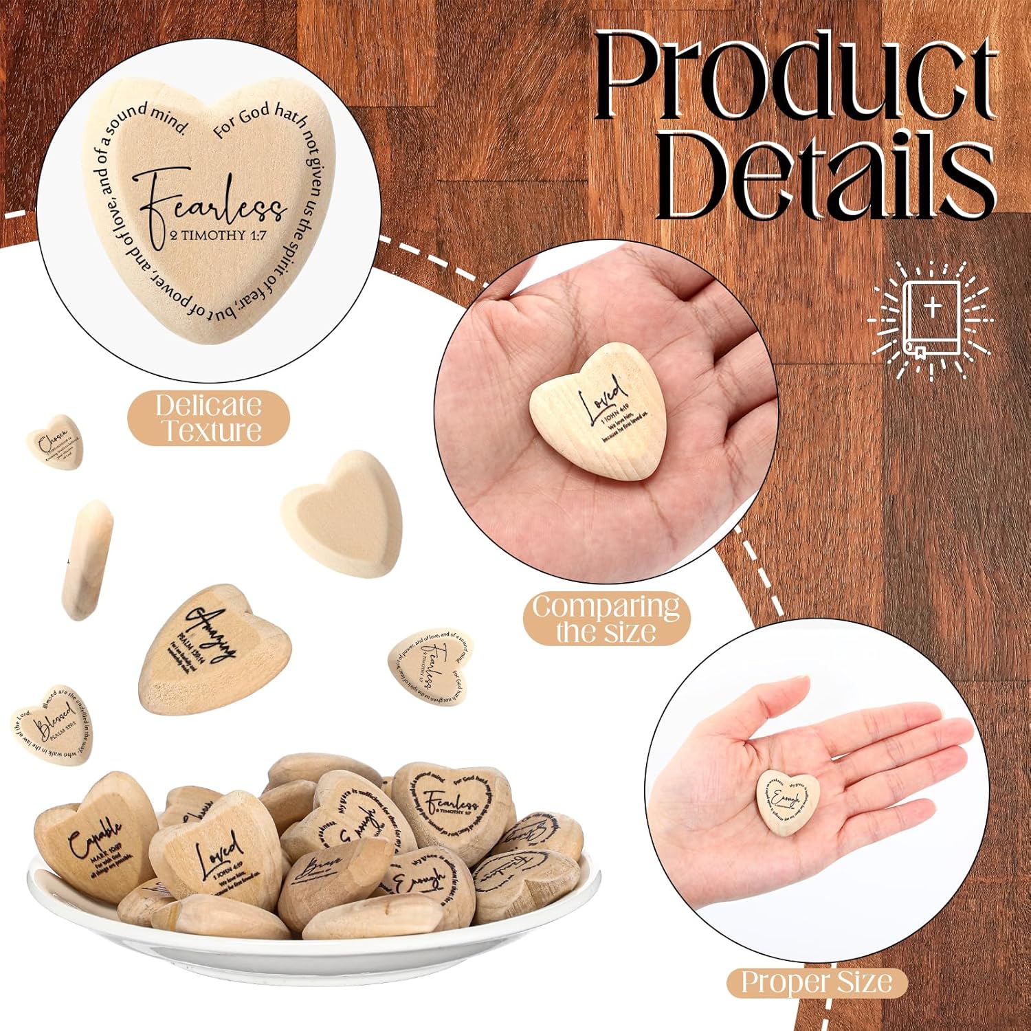 Geelin Christian Gift Religious Wooden Heart Tokens with Inspirational Bible Verses Pocket Hug for Mother's Day Mom Women Men Friends Church Scripture Party Favor(Natural‌,120 Pcs)