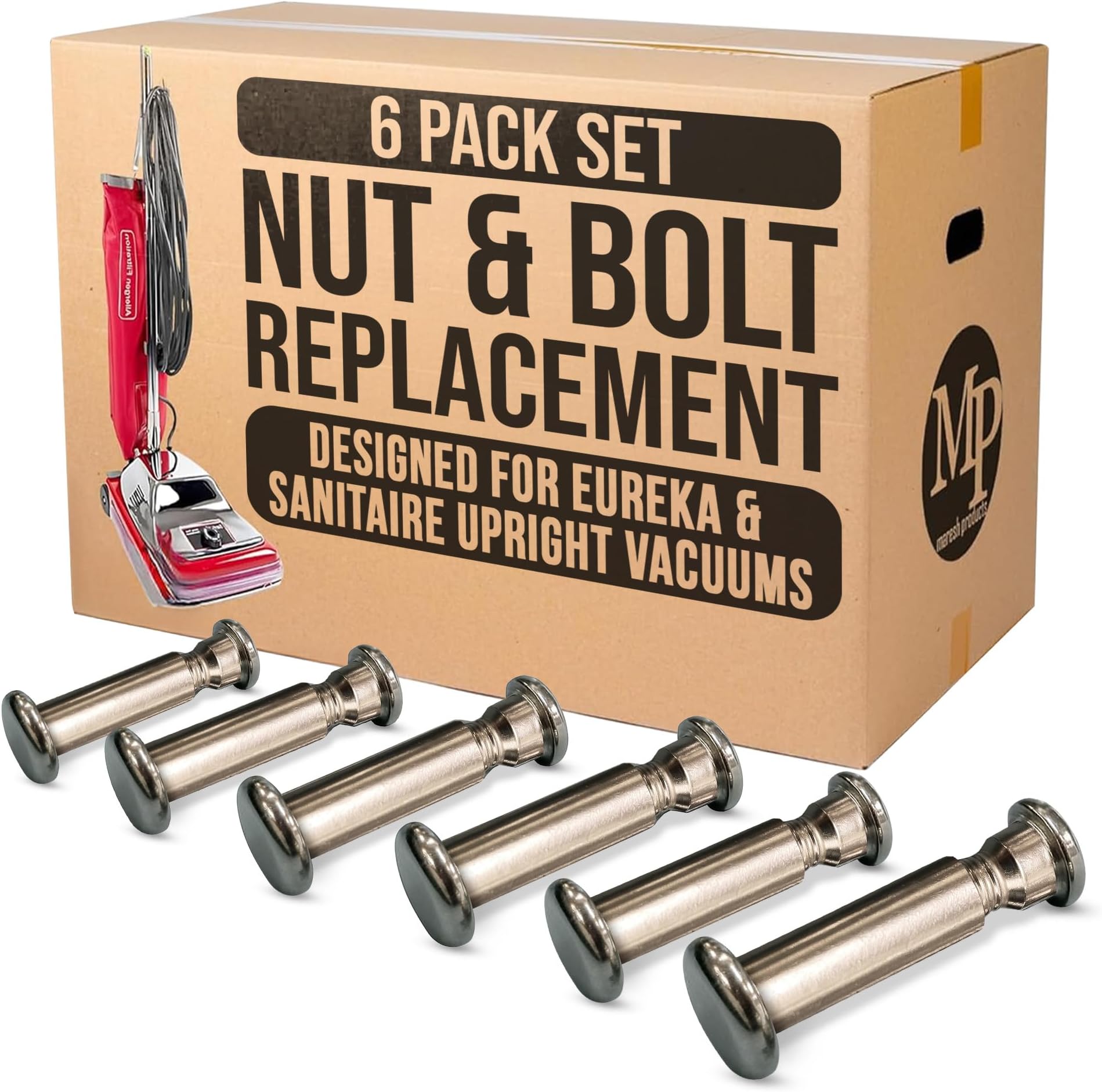 MP Maresh Products Nut and Bolt Replacement for Eureka and Sanitaire Upright Vacuum Cleaner Round Handle, Durable Threaded Fitting NPT - Vacuum Replacement Parts - Chrome-Plated Steel (6 Pack) 53198-1