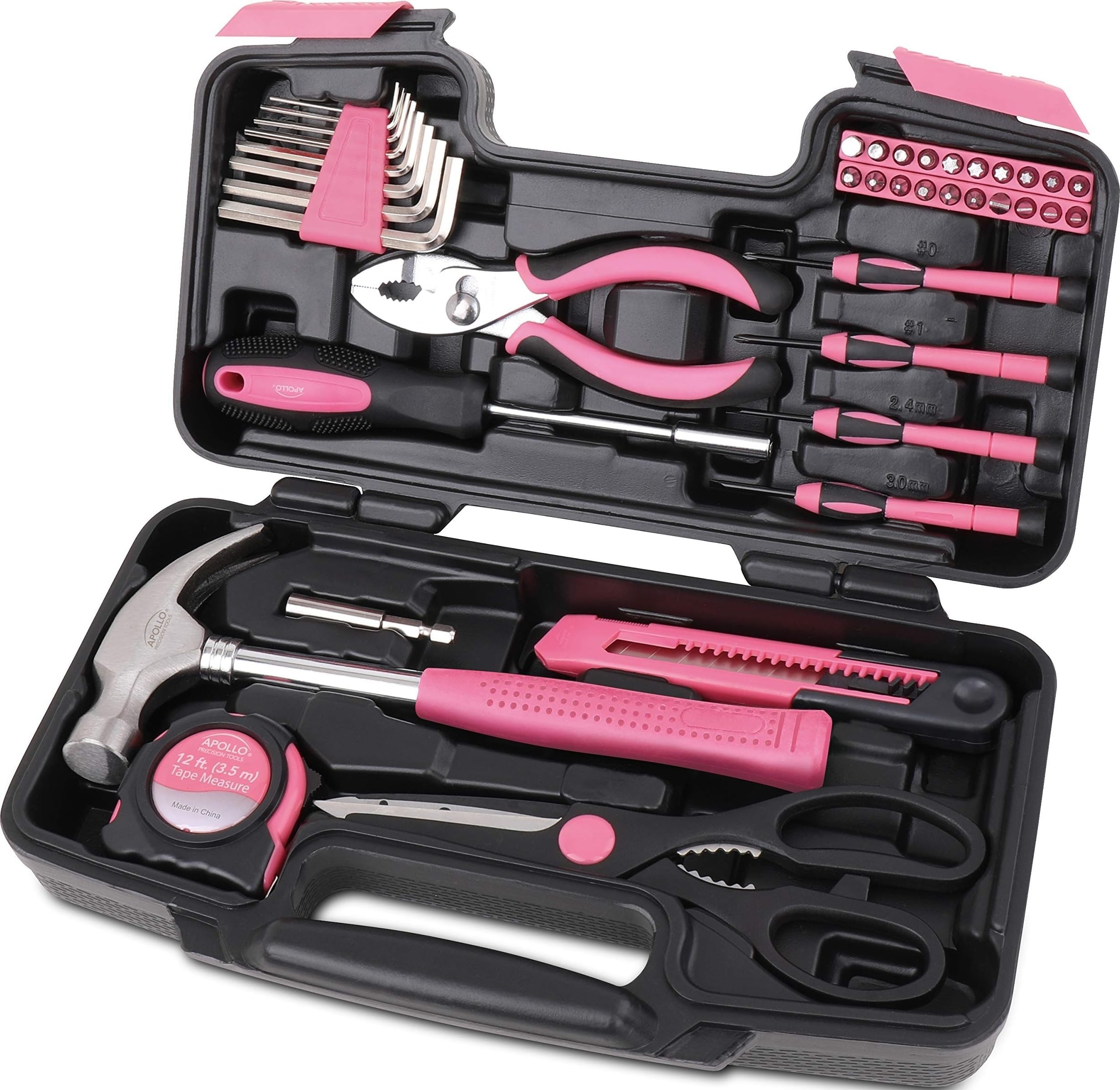 Apollo Tools Original 39 Piece General Household Tool Set in Toolbox Storage Case with Essential Hand Tools for Everyday Home Repairs, DIY and Crafts - Pink Ribbon - DT9706P
