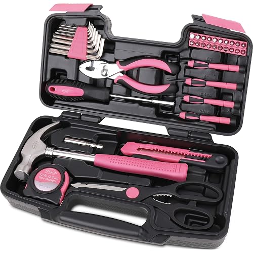Apollo Tools Original 39 Piece General Household Tool Set in Toolbox Storage Case with Essential Hand Tools for Everyday Home Repairs, DIY and Crafts - Pink Ribbon - DT9706P