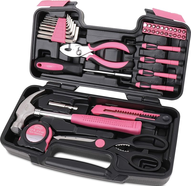 Apollo Tools Original 39 Piece General Household Tool Set in Toolbox Storage Case with Essential Hand Tools for Everyday Home Repairs, DIY and Crafts - Pink Ribbon - DT9706P Pink 39-Piece (with Slip J