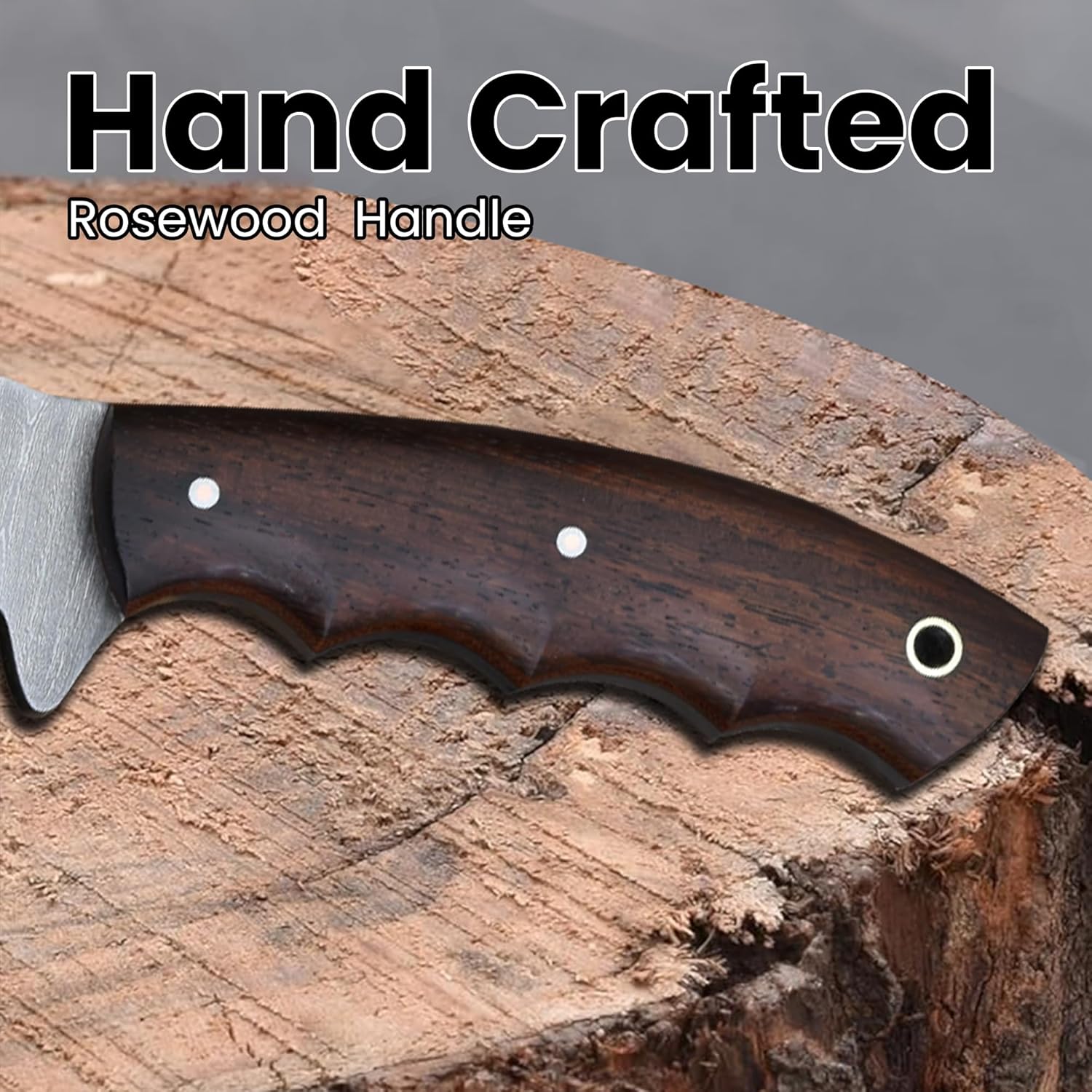 Knives Ranch Handmade Hunting Knife – Damascus Steel Skinning Blade – Full Tang – Rosewood Handle – Horizontal/Vertical Leather Sheath – Fixed Blade EDC Tool
